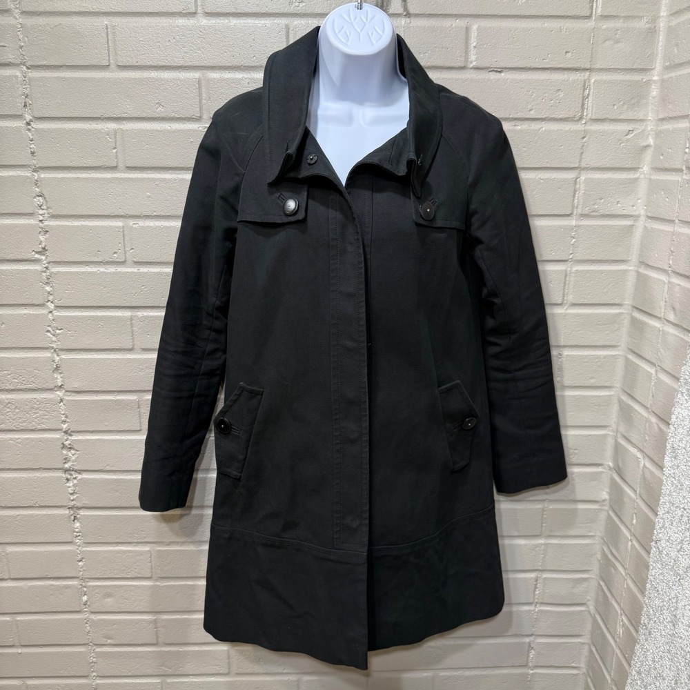 Reiss Malachite Black Trench Coat Jacket Cotton Mid Length Button Neck XS